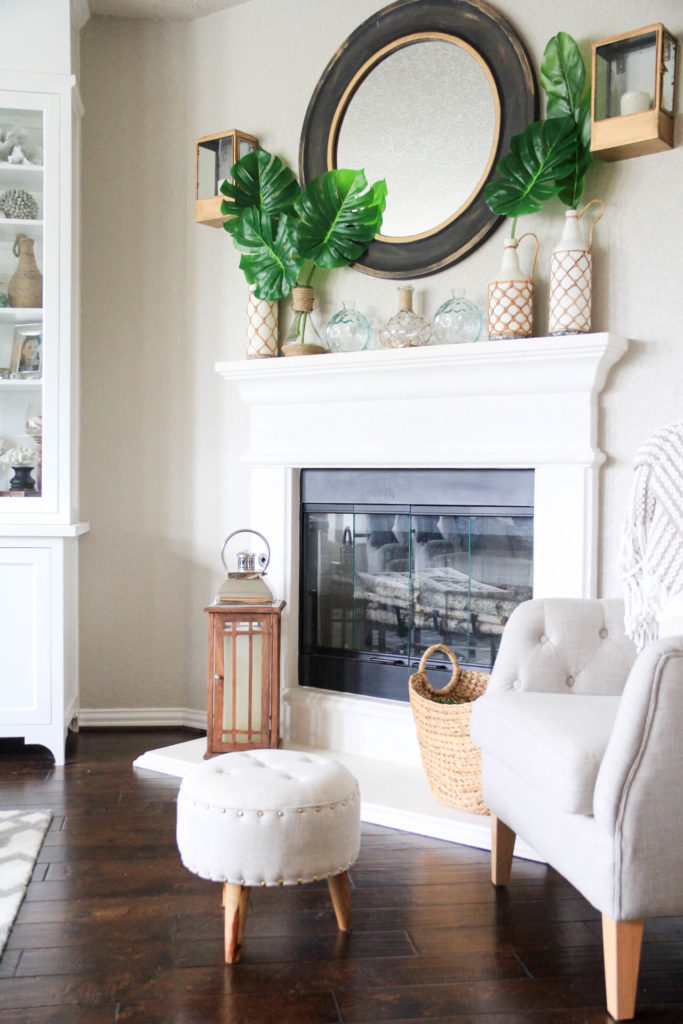 Living Room Decorated for Summer with a Palm/Coastal Vibe