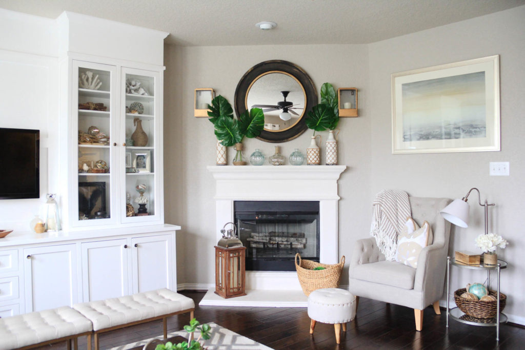 Living Room Decorated for Summer with a Palm/Coastal Vibe 