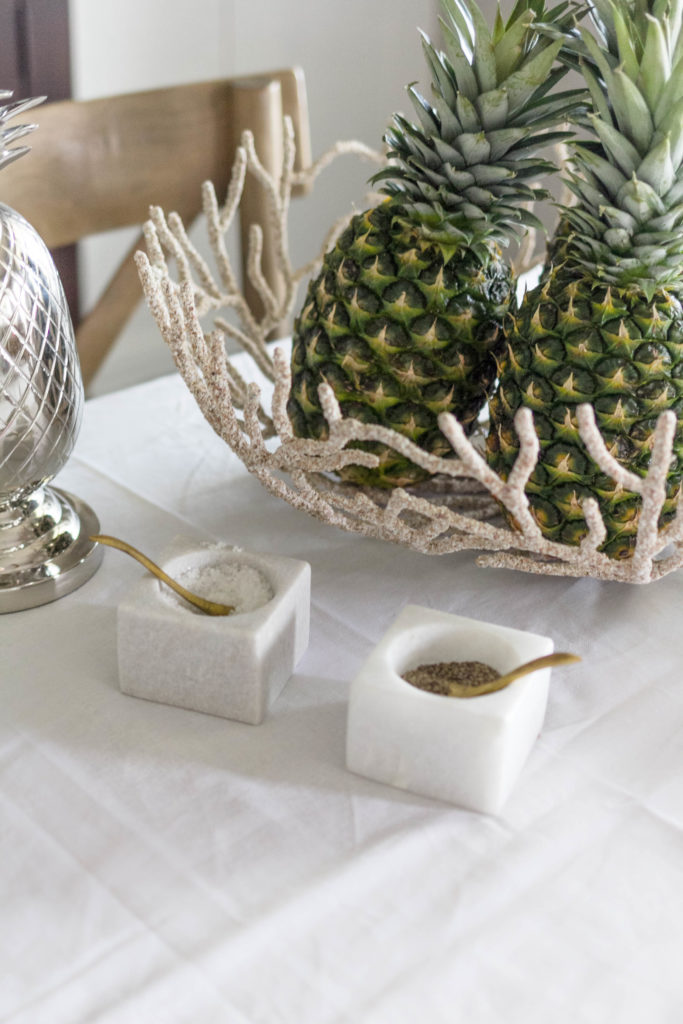 Marble Salt and Pepper Cellars on dining room table 