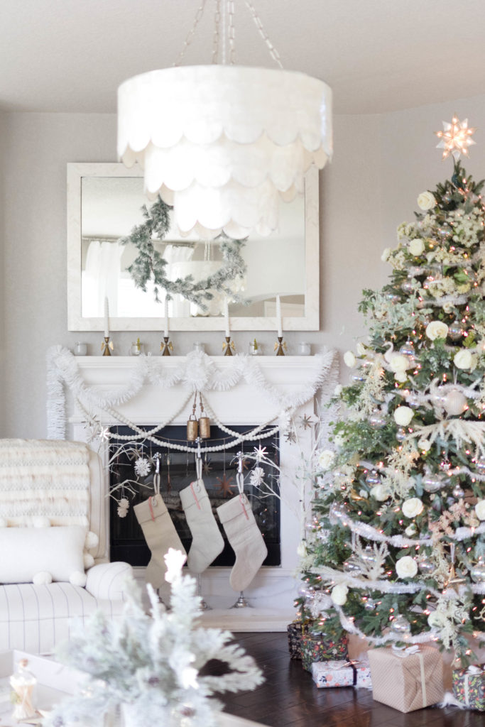 winter fireplace decorations-floral christmas tree-bohemain-glam-christmas-home-tour-iris-nacole-living-room-tour