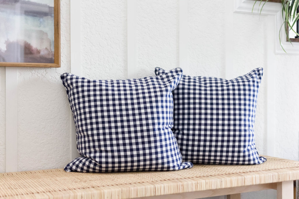 Gingham Pillows Coastal Farmhouse Entryway Bench Design by Iris Nacole