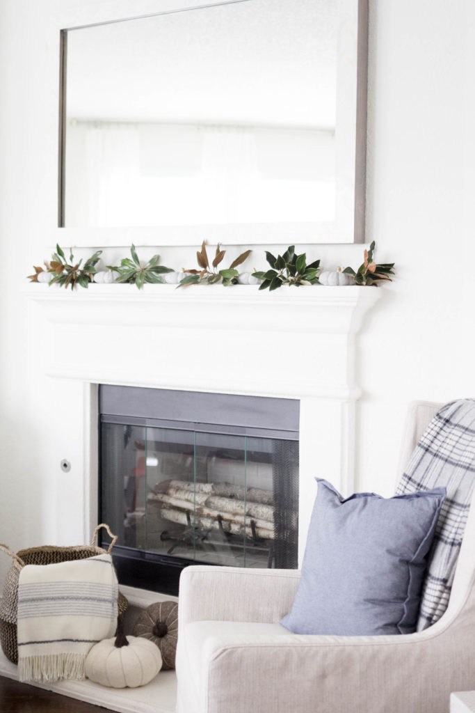 Simple Fall Decorating-Cement Pumpkins and Magnolia Branches by IrisNacole.com