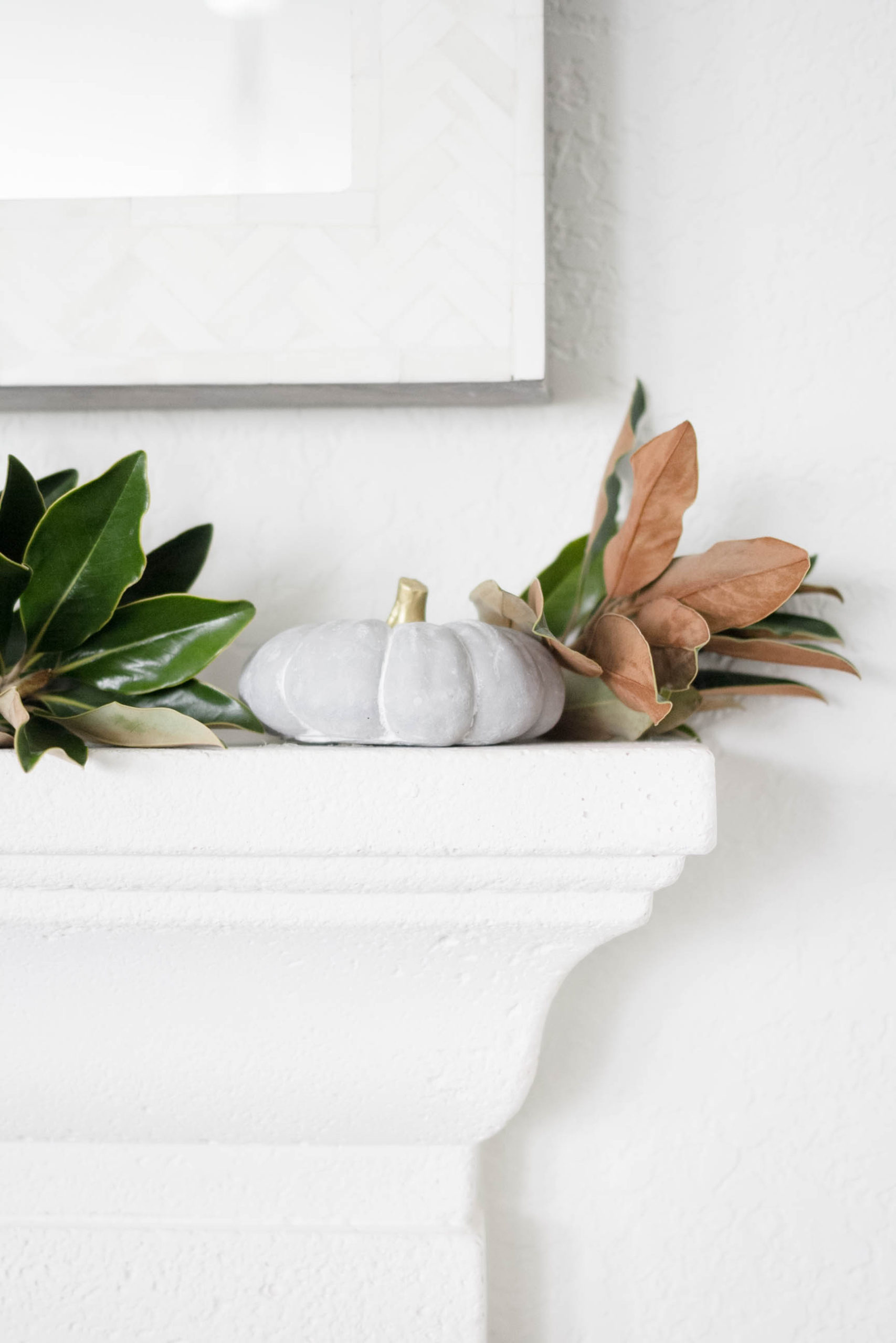 Simple Fall Decorating-Cement Pumpkins and Magnolia Branches by IrisNacole.com