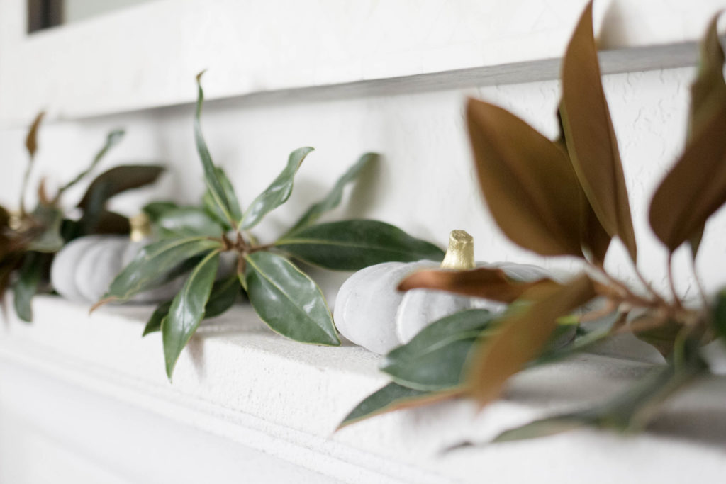 Simple Fall Decorating-Cement Pumpkins and Magnolia Branches by IrisNacole.com