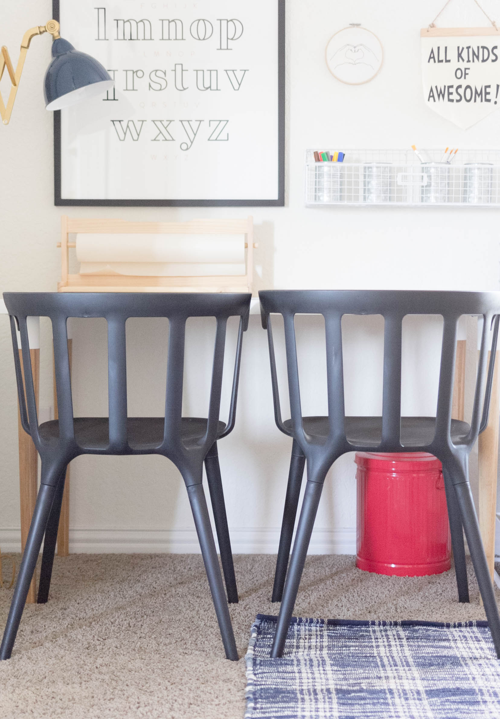 Education Station-IKEA Desk and Chairs-Gallery Wall-Framed Alphabet-Playroom Makeover by IrisNacole.com