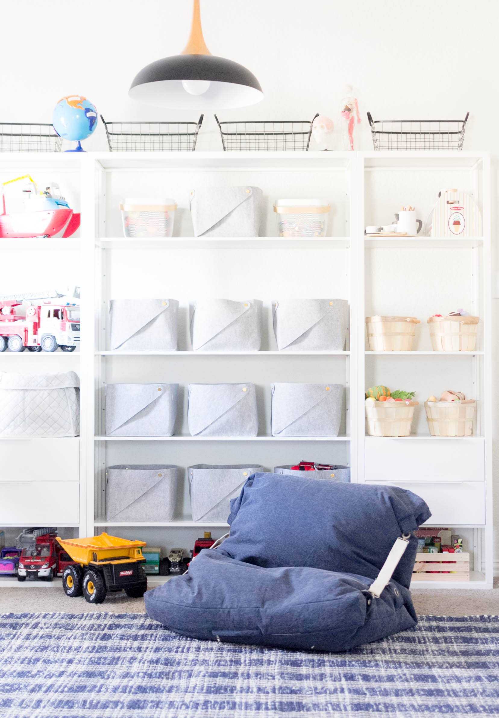 Playroom Organization, Ikea Shelving with Felt Bins, Land of Nod Bean Bag Chair, Makeover by Iris Nacole