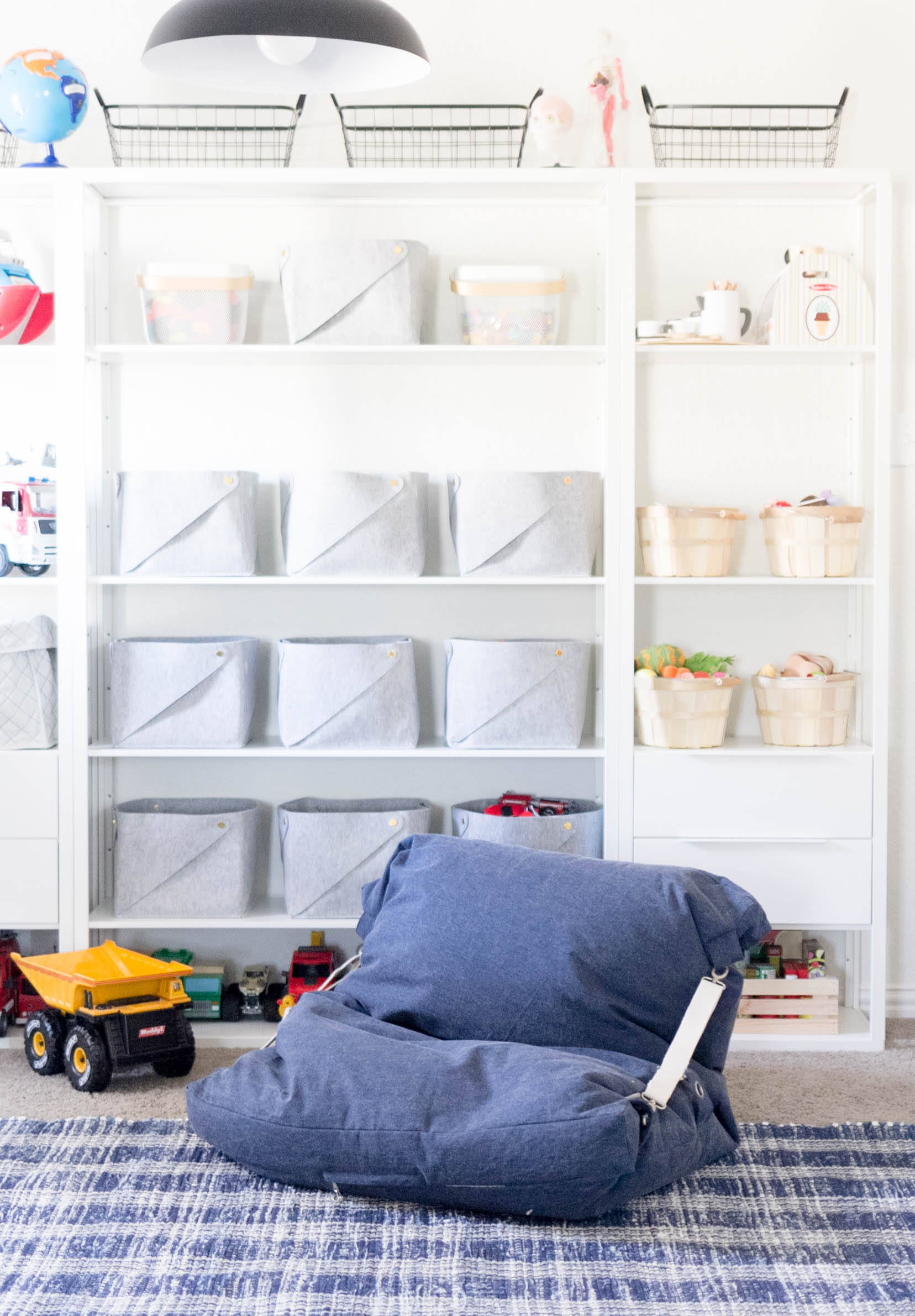 Playroom Organization, Ikea Shelving with Felt Bins, Land of Nod Bean Bag Chair, Makeover by Iris Nacole