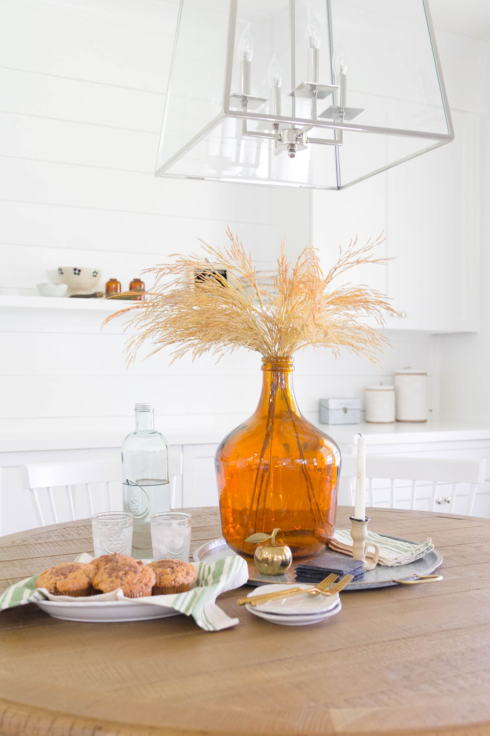 Simple Fall Dining Room Decorating-Vintage Decor/Amber Bottle