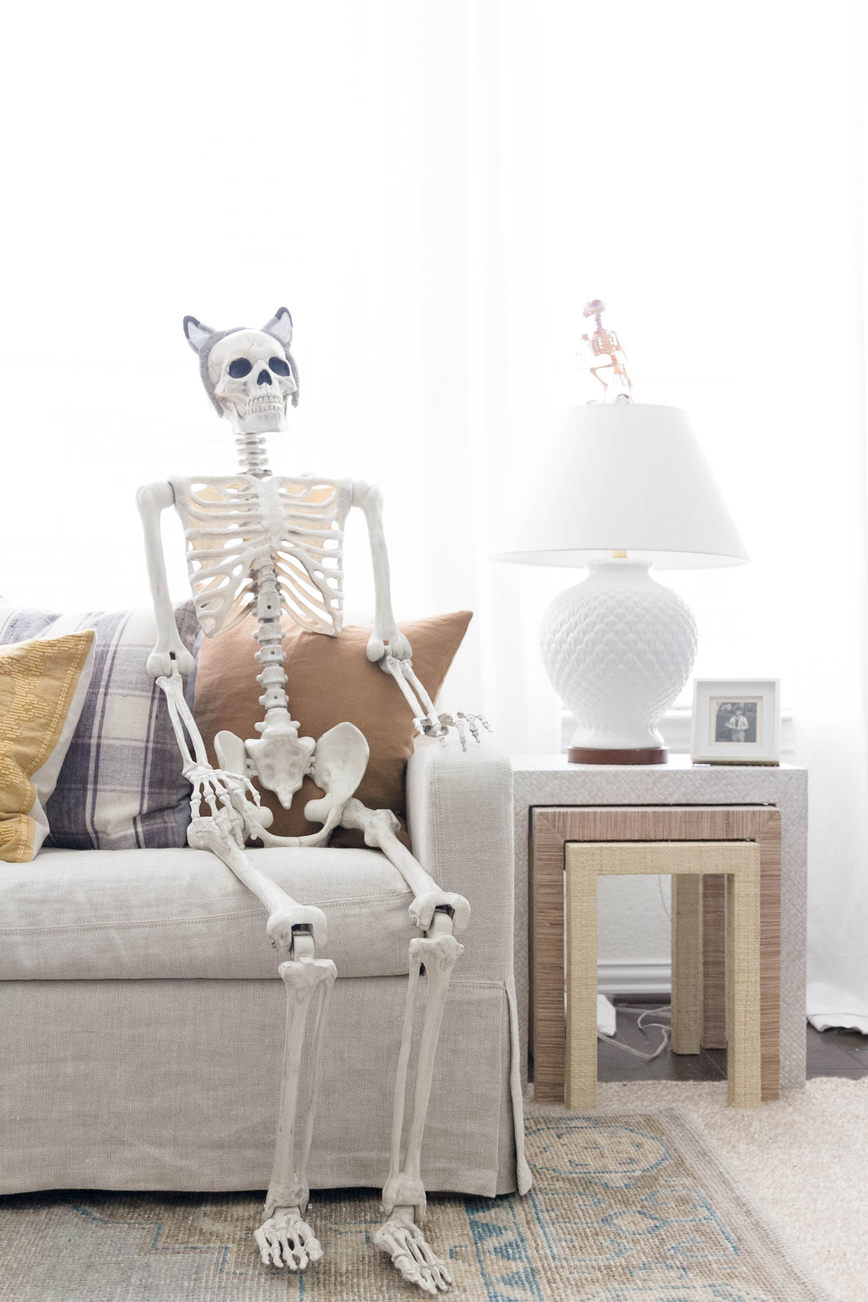 Simple Halloween Decorations for the Home-Life Sized Skelton wearing a Costume