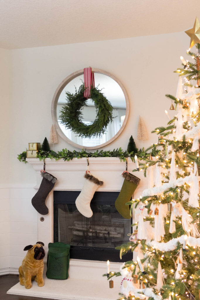 Cozy Holiday Christmas Tree Mantel, Knit Stockings, Brass Box, Bottle Brush Trees, Berry Garland Styling By Iris Nacole