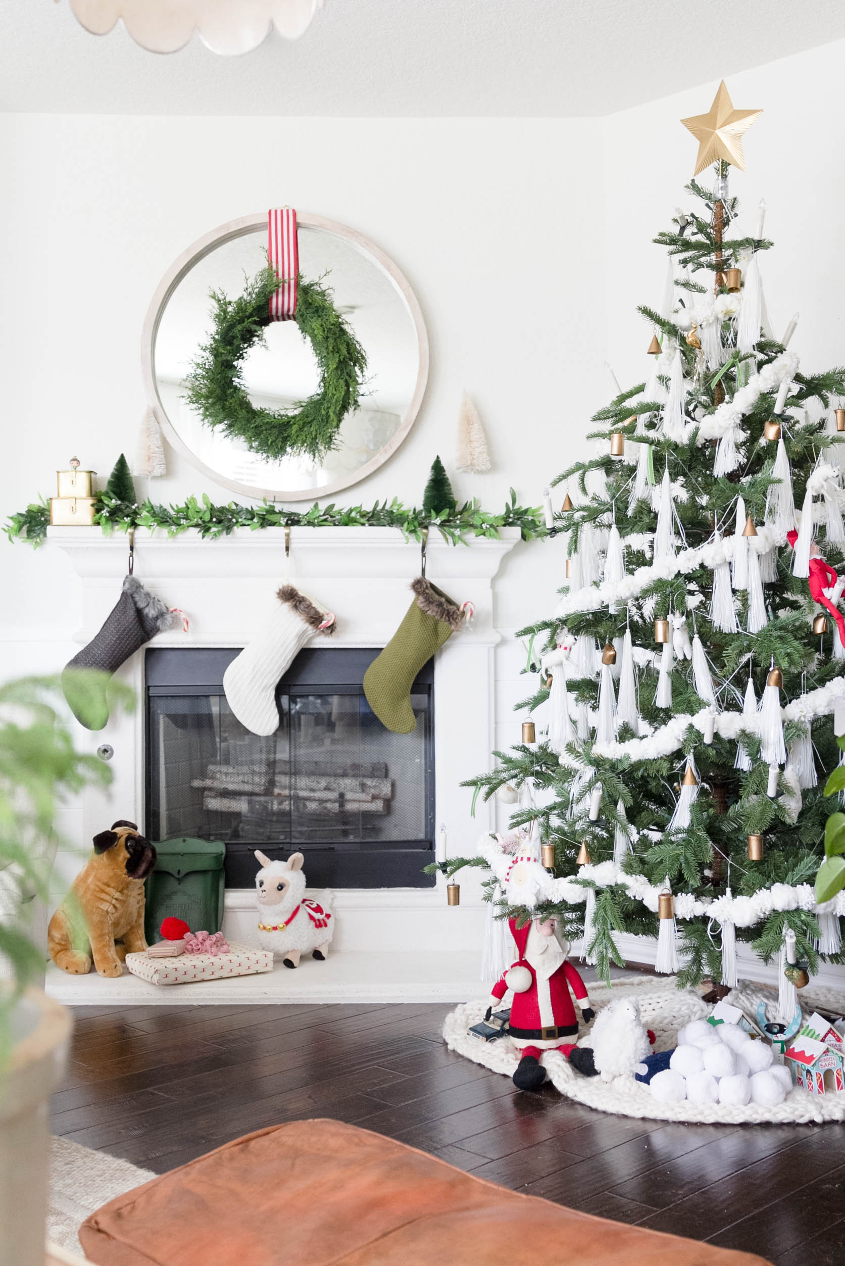 "MERRY" & Bright Holiday Living Room Tour by Iris Nacole-Holiday Mantel and Christmas Tree by Iris Nacole