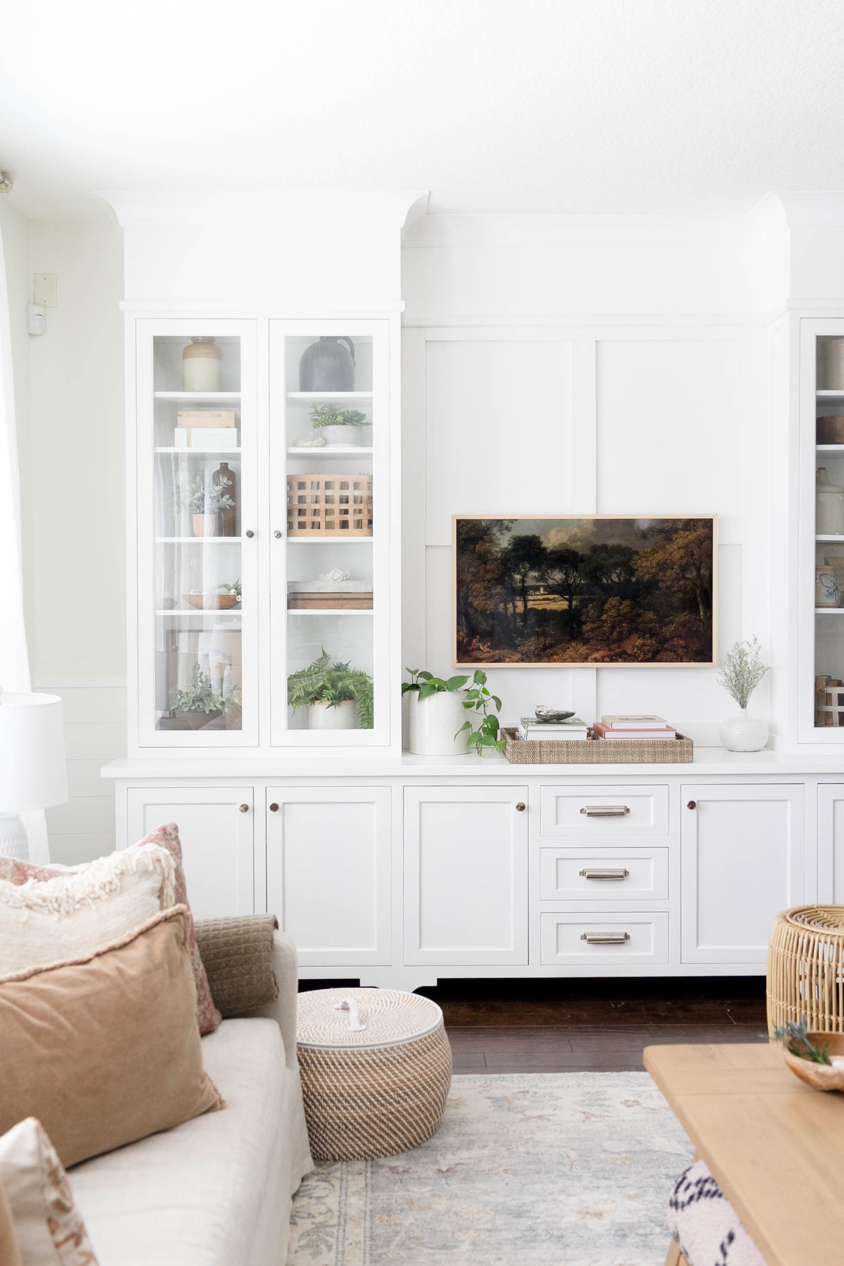 Spring Decorating Inspiration-Living Room Built-in Styling, Samsung Frame TV, Earth Tone Spring Living Room by Iris Nacole
