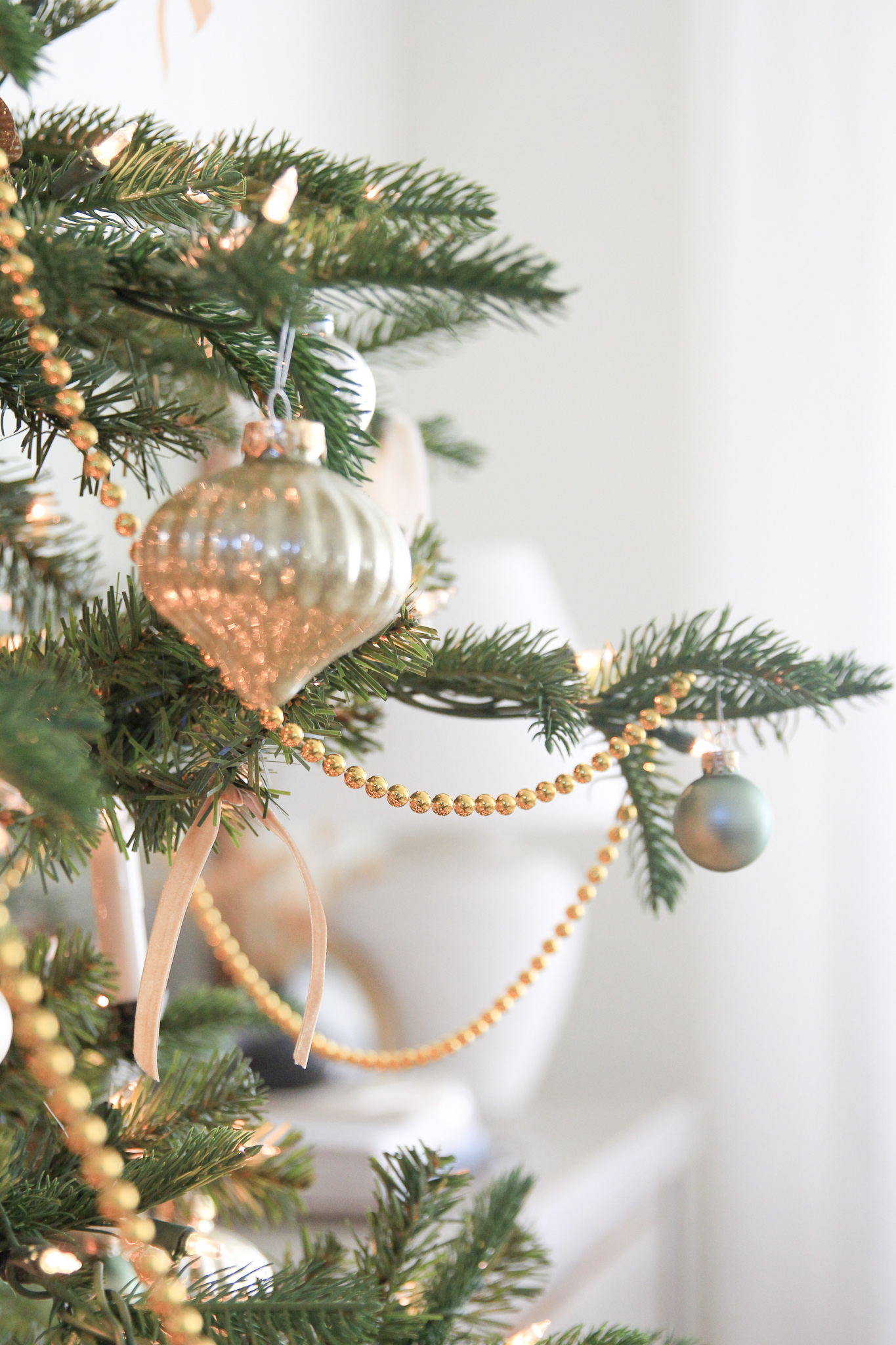 Classic Christmas Tree with Gold Bead Garland Home Style Blog Hop