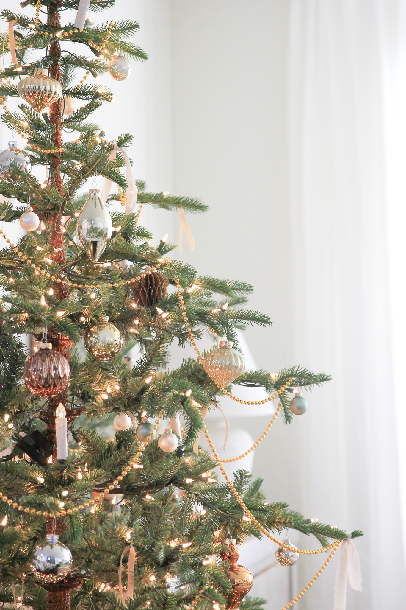 Classic Christmas Tree with Gold Bead Garland Home Style Blog Hop