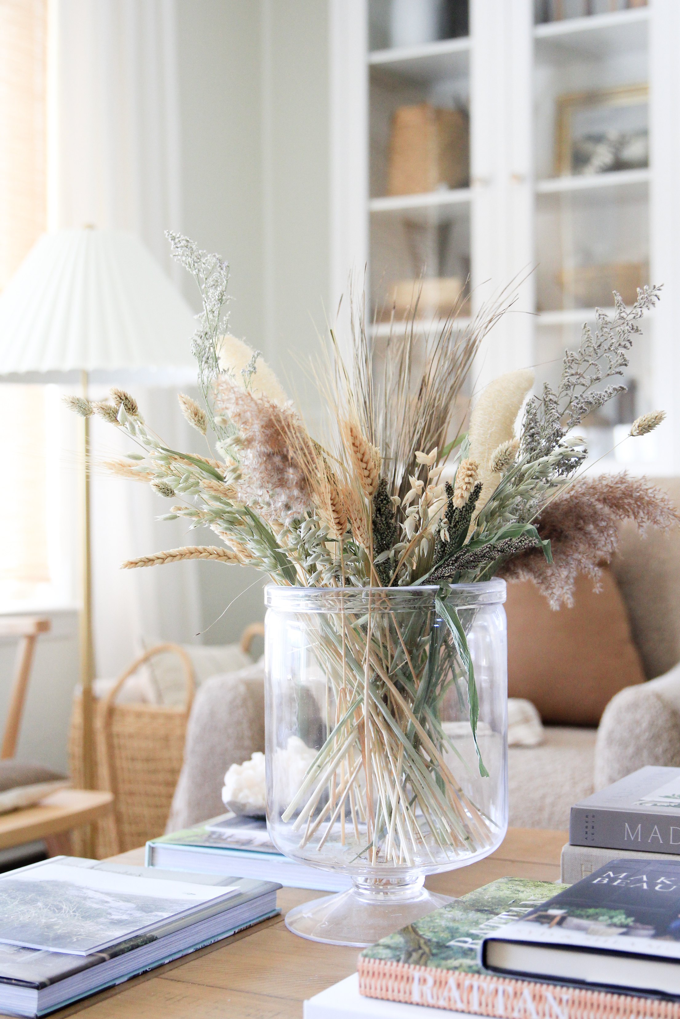 Living Room Coffee Table Decor featuring a Late Summer-Early Fall Floral Arrangement Using Dried Florals and Grasses