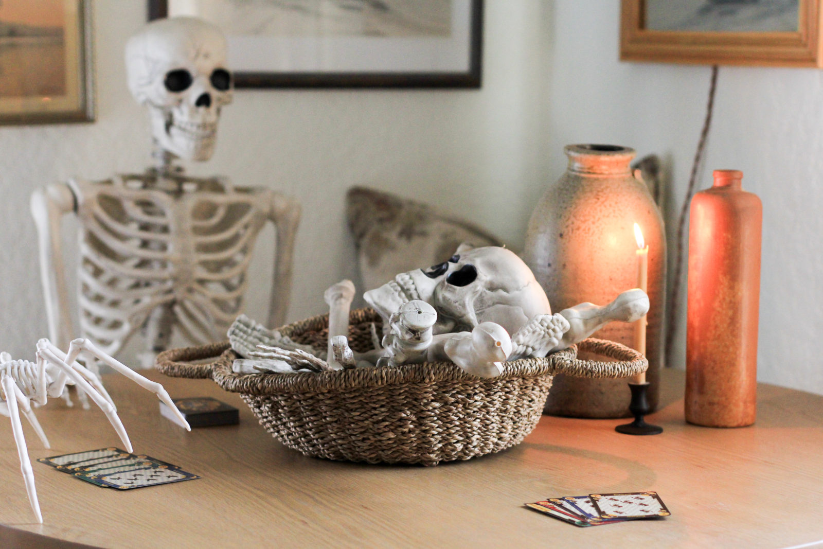 Halloween Decorations Faux Skeletons playing cards.