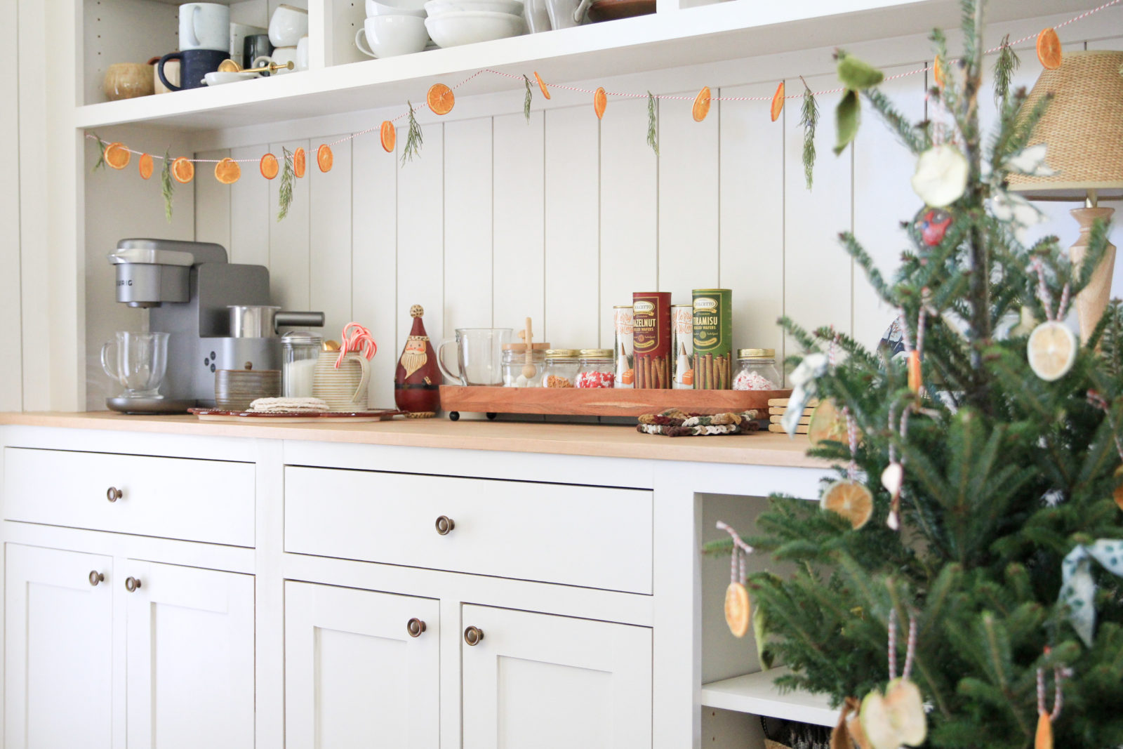 Christmas Coffee Bar and Small Christmas Tree Dried Oranges Garland and Dried Oranges and Apples Ornaments