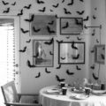 Kids Halloween Party-Tablescape, Paper bats on wall.