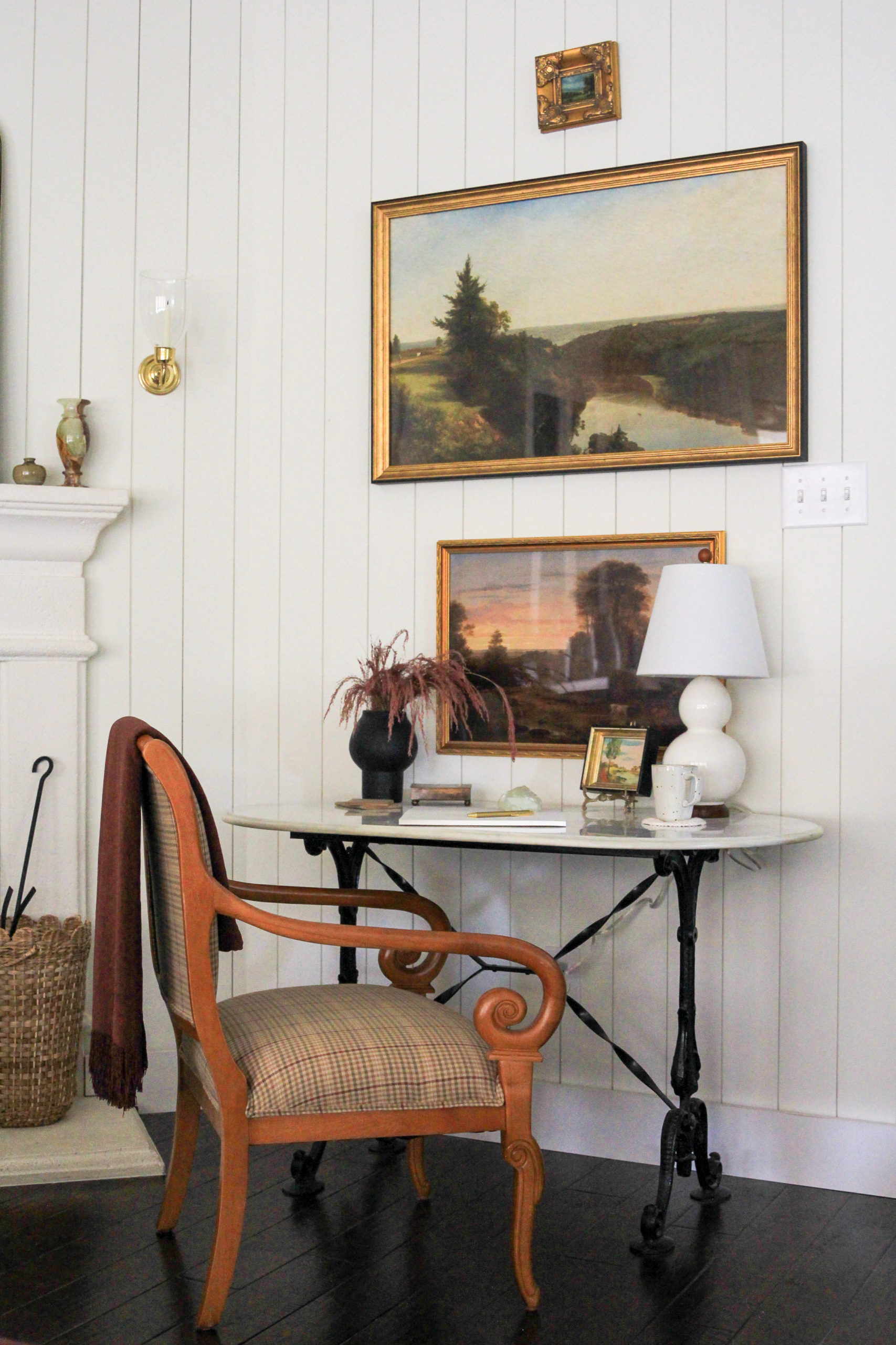 Living Room Work Station, Vintage Iron Based Marple Table as Desk, with Vinage Wooden Chair, Styoled with Ralph Lauren Lamp, and Vintage Looking Wall Art by Iris Nacole